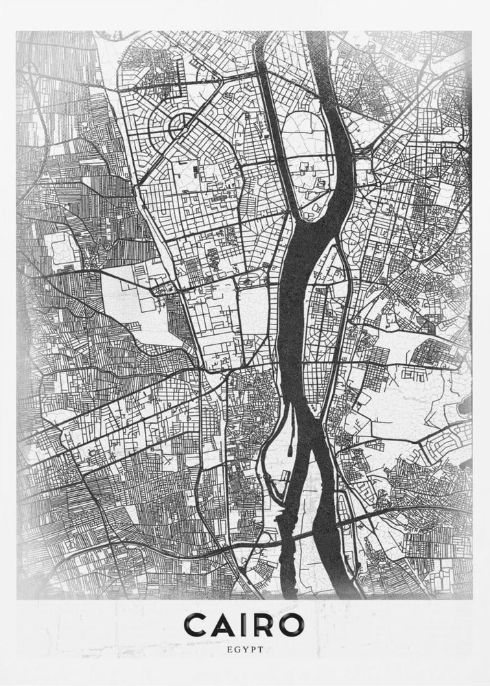A minimalist black and white framed poster of a street map of Cairo. The Nile River flows vertically through the center of the detailed city grid. The word 'CAIRO' is printed in a bold, black, sans-serif font at the bottom. Decor