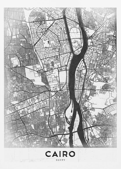 A minimalist black and white framed poster of a street map of Cairo. The Nile River flows vertically through the center of the detailed city grid. The word 'CAIRO' is printed in a bold, black, sans-serif font at the bottom. Decor