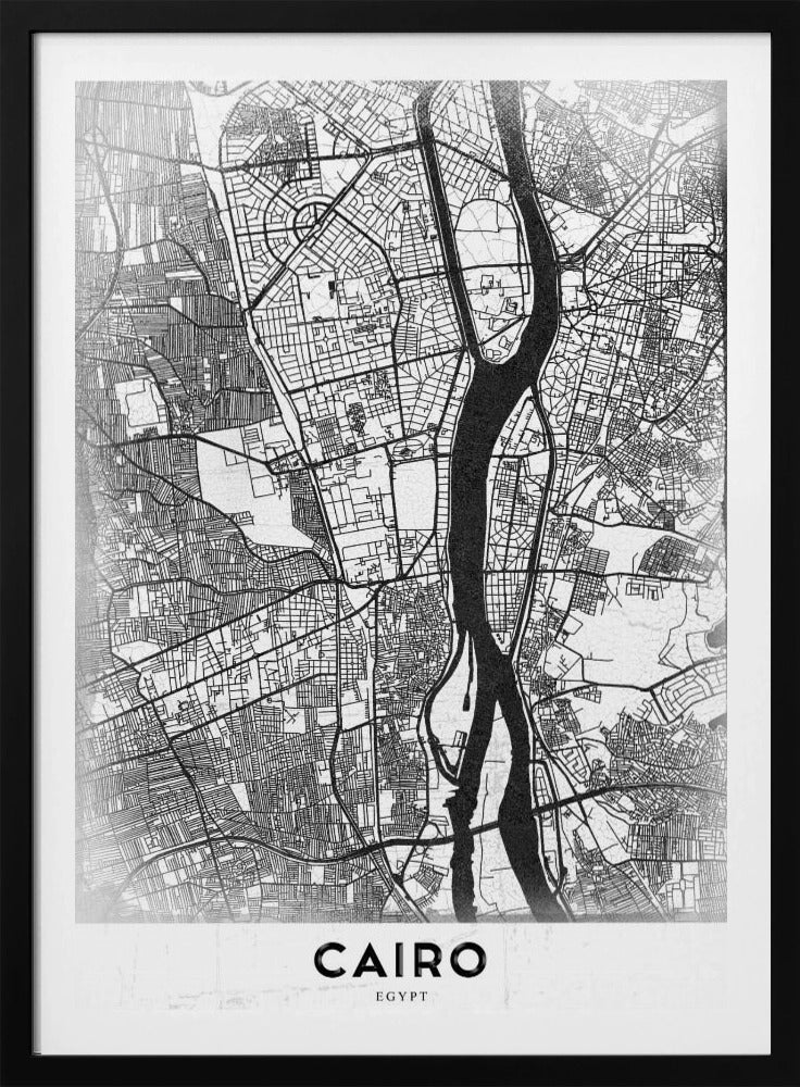 A minimalist black and white framed poster of a street map of Cairo. The Nile River flows vertically through the center of the detailed city grid. The word 'CAIRO' is printed in a bold, black, sans-serif font at the bottom. Decor