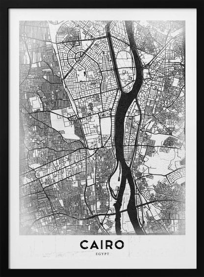 A minimalist black and white framed poster of a street map of Cairo. The Nile River flows vertically through the center of the detailed city grid. The word 'CAIRO' is printed in a bold, black, sans-serif font at the bottom. Decor