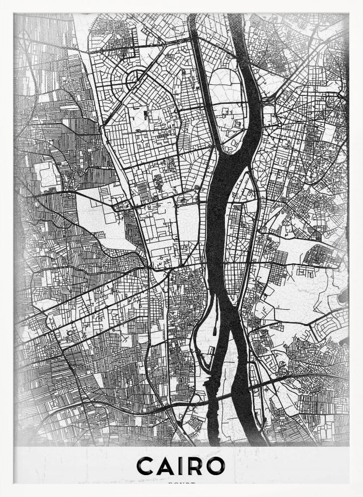 A minimalist black and white framed poster of a street map of Cairo. The Nile River flows vertically through the center of the detailed city grid. The word 'CAIRO' is printed in a bold, black, sans-serif font at the bottom. Decor