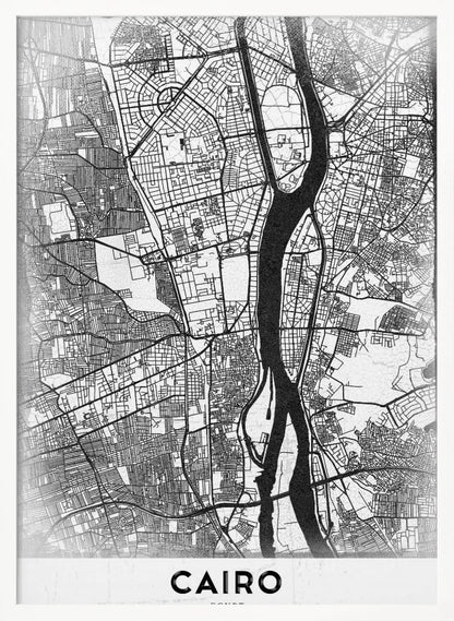 A minimalist black and white framed poster of a street map of Cairo. The Nile River flows vertically through the center of the detailed city grid. The word 'CAIRO' is printed in a bold, black, sans-serif font at the bottom. Decor
