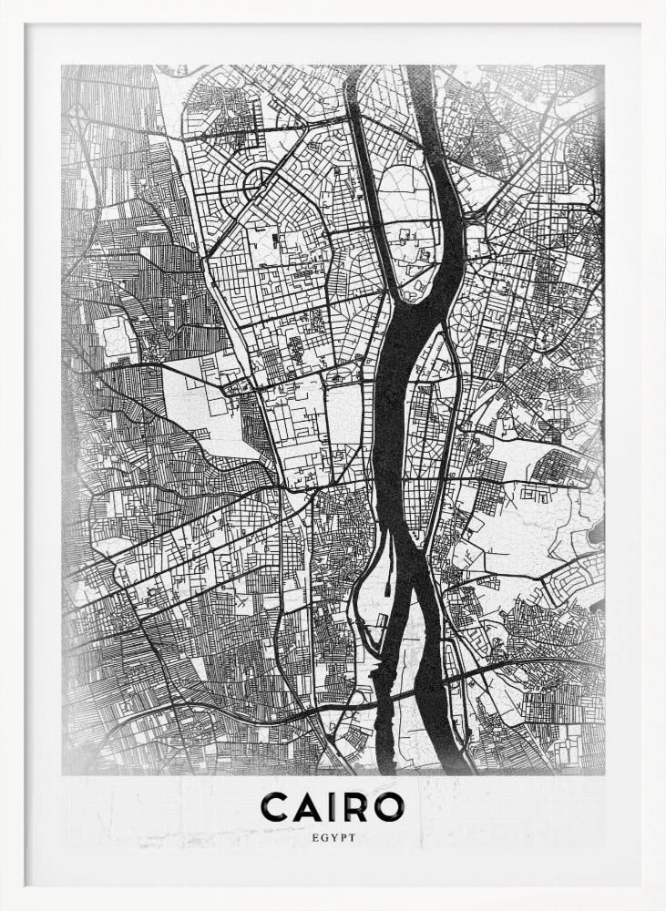 A minimalist black and white framed poster of a street map of Cairo. The Nile River flows vertically through the center of the detailed city grid. The word 'CAIRO' is printed in a bold, black, sans-serif font at the bottom. Decor
