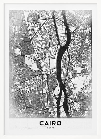 A minimalist black and white framed poster of a street map of Cairo. The Nile River flows vertically through the center of the detailed city grid. The word 'CAIRO' is printed in a bold, black, sans-serif font at the bottom. Decor