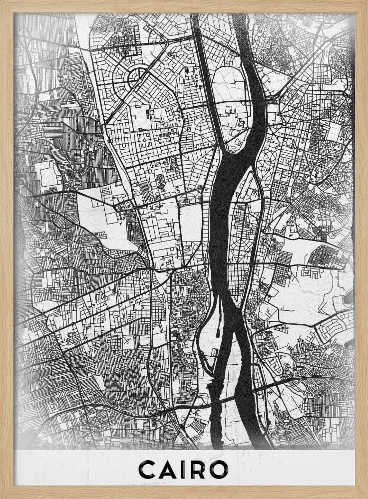 A minimalist black and white framed poster of a street map of Cairo. The Nile River flows vertically through the center of the detailed city grid. The word 'CAIRO' is printed in a bold, black, sans-serif font at the bottom. Decor