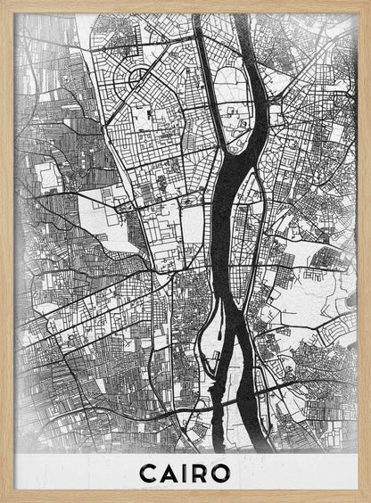 A minimalist black and white framed poster of a street map of Cairo. The Nile River flows vertically through the center of the detailed city grid. The word 'CAIRO' is printed in a bold, black, sans-serif font at the bottom. Decor