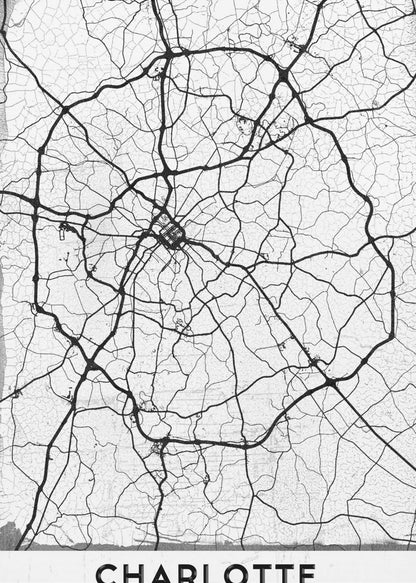 A minimalist black and white street map of Charlotte, North Carolina. The map highlights the major roads and highways as thick black lines on a distressed, crackled white background. The artwork is framed in black with the word 'CHARLOTTE' printed in bold capital letters at the bottom. Poster