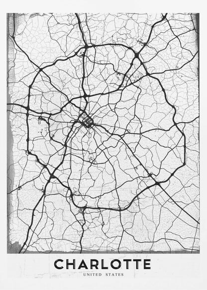 A minimalist black and white street map of Charlotte, North Carolina. The map highlights the major roads and highways as thick black lines on a distressed, crackled white background. The artwork is framed in black with the word 'CHARLOTTE' printed in bold capital letters at the bottom. Poster