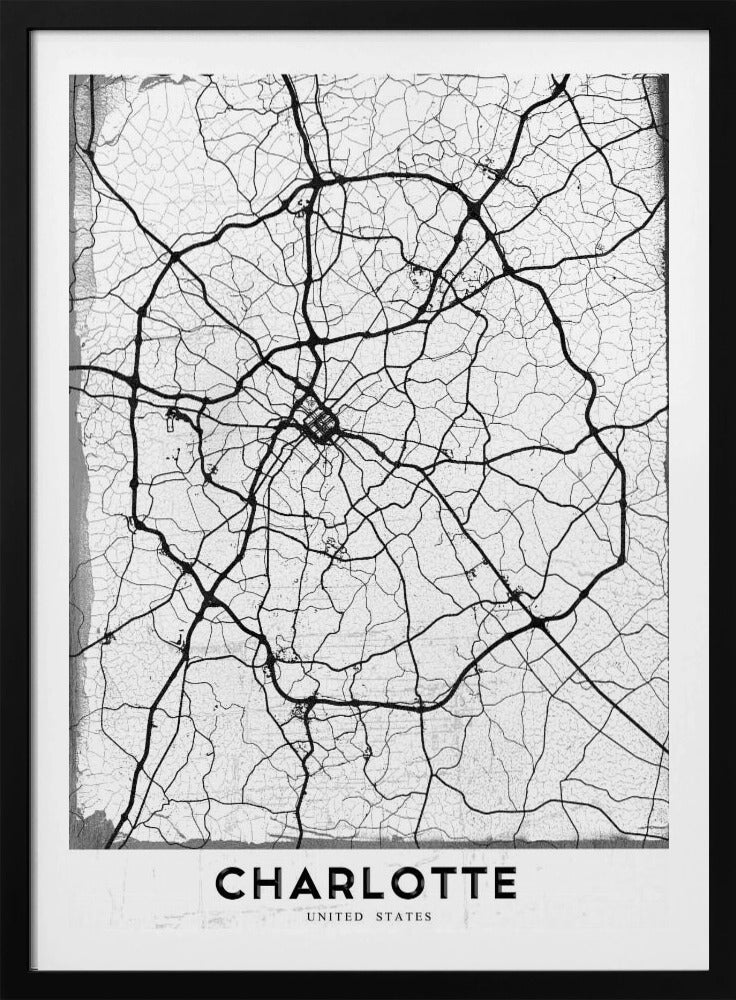 A minimalist black and white street map of Charlotte, North Carolina. The map highlights the major roads and highways as thick black lines on a distressed, crackled white background. The artwork is framed in black with the word 'CHARLOTTE' printed in bold capital letters at the bottom. Poster