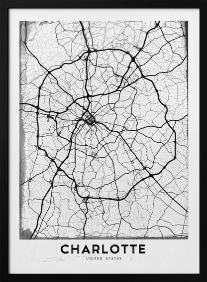 A minimalist black and white street map of Charlotte, North Carolina. The map highlights the major roads and highways as thick black lines on a distressed, crackled white background. The artwork is framed in black with the word 'CHARLOTTE' printed in bold capital letters at the bottom. Poster