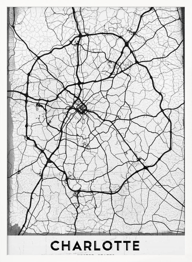 A minimalist black and white street map of Charlotte, North Carolina. The map highlights the major roads and highways as thick black lines on a distressed, crackled white background. The artwork is framed in black with the word 'CHARLOTTE' printed in bold capital letters at the bottom. Poster