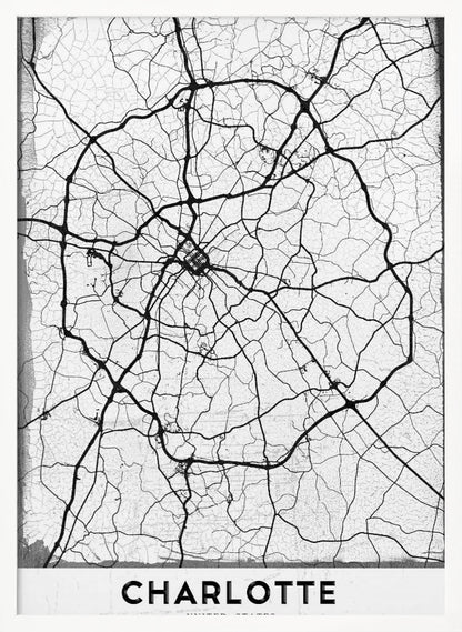 A minimalist black and white street map of Charlotte, North Carolina. The map highlights the major roads and highways as thick black lines on a distressed, crackled white background. The artwork is framed in black with the word 'CHARLOTTE' printed in bold capital letters at the bottom. Poster