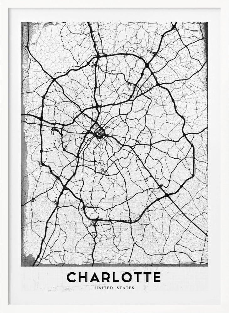 A minimalist black and white street map of Charlotte, North Carolina. The map highlights the major roads and highways as thick black lines on a distressed, crackled white background. The artwork is framed in black with the word 'CHARLOTTE' printed in bold capital letters at the bottom. Poster