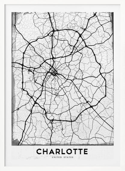 A minimalist black and white street map of Charlotte, North Carolina. The map highlights the major roads and highways as thick black lines on a distressed, crackled white background. The artwork is framed in black with the word 'CHARLOTTE' printed in bold capital letters at the bottom. Poster