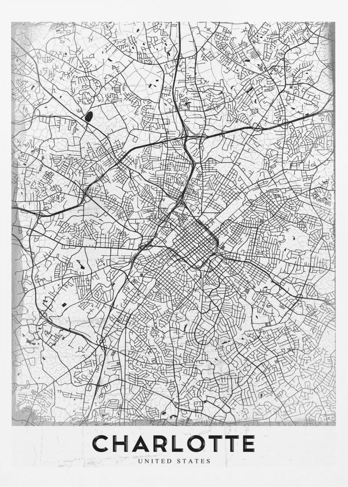A minimalist black and white map of Charlotte, North Carolina, displayed in a black frame. The map details the intricate network of city streets and highways. At the bottom, a white banner features the city's name 'CHARLOTTE' in a bold, black, sans-serif font. Poster