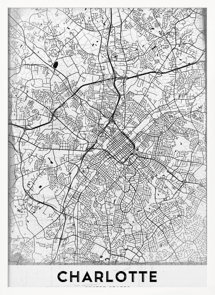A minimalist black and white map of Charlotte, North Carolina, displayed in a black frame. The map details the intricate network of city streets and highways. At the bottom, a white banner features the city's name 'CHARLOTTE' in a bold, black, sans-serif font. Poster