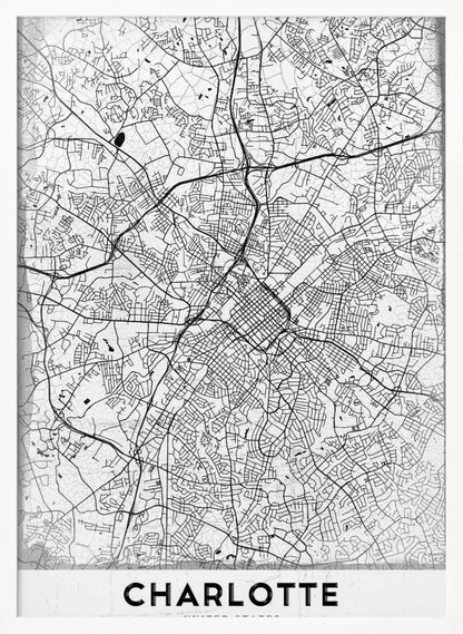 A minimalist black and white map of Charlotte, North Carolina, displayed in a black frame. The map details the intricate network of city streets and highways. At the bottom, a white banner features the city's name 'CHARLOTTE' in a bold, black, sans-serif font. Poster