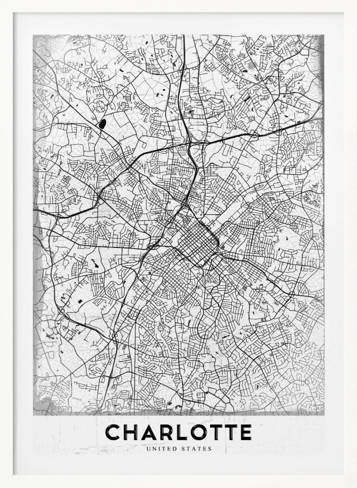 A minimalist black and white map of Charlotte, North Carolina, displayed in a black frame. The map details the intricate network of city streets and highways. At the bottom, a white banner features the city's name 'CHARLOTTE' in a bold, black, sans-serif font. Poster