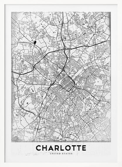 A minimalist black and white map of Charlotte, North Carolina, displayed in a black frame. The map details the intricate network of city streets and highways. At the bottom, a white banner features the city's name 'CHARLOTTE' in a bold, black, sans-serif font. Poster