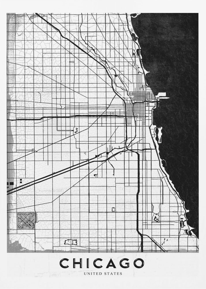 A minimalist black and white map of Chicago, featuring a grid street layout, major thoroughfares, and the shoreline of Lake Michigan. The map has a subtle crackled texture, is enclosed in a black frame, and has the word 'CHICAGO' in capital letters at the bottom. Decor