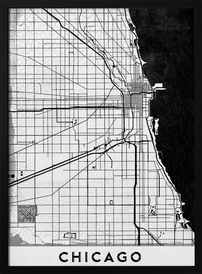 A minimalist black and white map of Chicago, featuring a grid street layout, major thoroughfares, and the shoreline of Lake Michigan. The map has a subtle crackled texture, is enclosed in a black frame, and has the word 'CHICAGO' in capital letters at the bottom. Decor