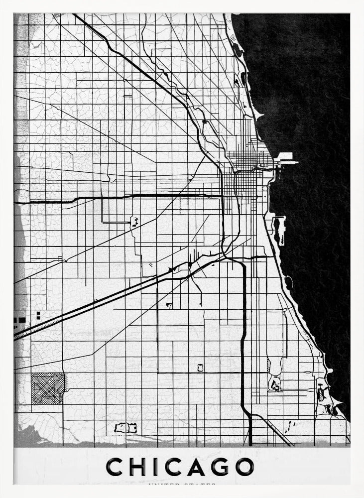 A minimalist black and white map of Chicago, featuring a grid street layout, major thoroughfares, and the shoreline of Lake Michigan. The map has a subtle crackled texture, is enclosed in a black frame, and has the word 'CHICAGO' in capital letters at the bottom. Decor