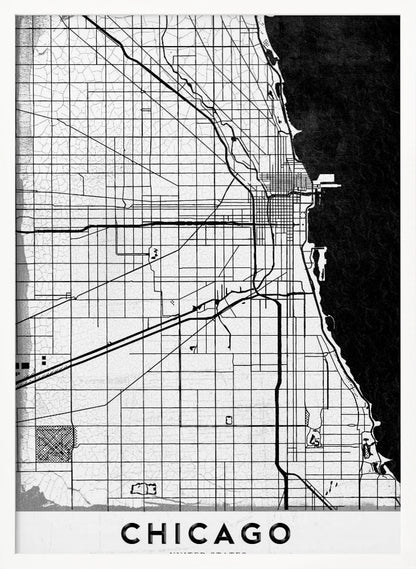 A minimalist black and white map of Chicago, featuring a grid street layout, major thoroughfares, and the shoreline of Lake Michigan. The map has a subtle crackled texture, is enclosed in a black frame, and has the word 'CHICAGO' in capital letters at the bottom. Decor