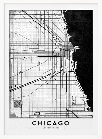 A minimalist black and white map of Chicago, featuring a grid street layout, major thoroughfares, and the shoreline of Lake Michigan. The map has a subtle crackled texture, is enclosed in a black frame, and has the word 'CHICAGO' in capital letters at the bottom. Decor