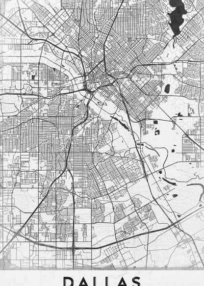 A minimalist black and white street map of Dallas, Texas, presented vertically in a black frame. The intricate network of roads and highways is depicted in black lines on a light gray, textured background, with the city's name 'DALLAS' in bold capital letters at the bottom. Poster