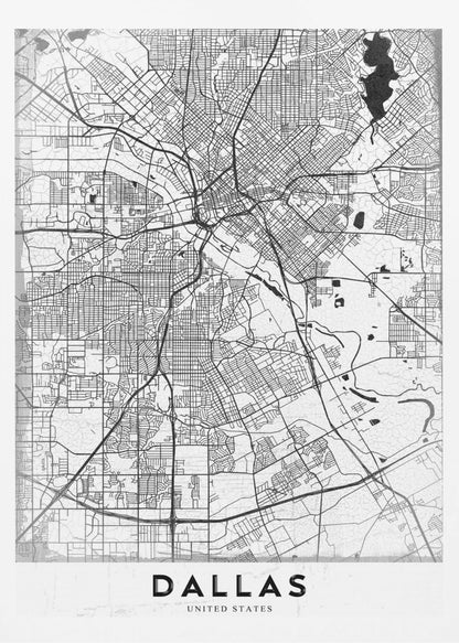 A minimalist black and white street map of Dallas, Texas, presented vertically in a black frame. The intricate network of roads and highways is depicted in black lines on a light gray, textured background, with the city's name 'DALLAS' in bold capital letters at the bottom. Poster