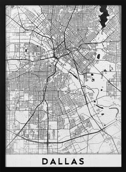 A minimalist black and white street map of Dallas, Texas, presented vertically in a black frame. The intricate network of roads and highways is depicted in black lines on a light gray, textured background, with the city's name 'DALLAS' in bold capital letters at the bottom. Poster