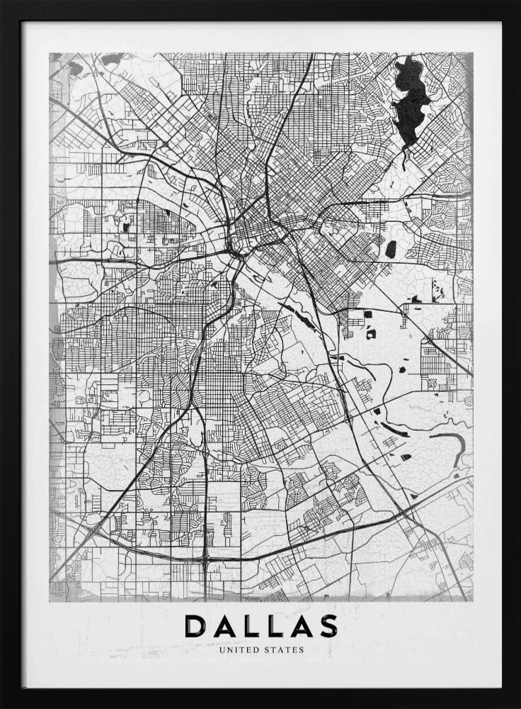 A minimalist black and white street map of Dallas, Texas, presented vertically in a black frame. The intricate network of roads and highways is depicted in black lines on a light gray, textured background, with the city's name 'DALLAS' in bold capital letters at the bottom. Poster