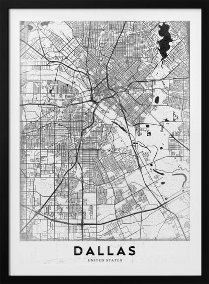 A minimalist black and white street map of Dallas, Texas, presented vertically in a black frame. The intricate network of roads and highways is depicted in black lines on a light gray, textured background, with the city's name 'DALLAS' in bold capital letters at the bottom. Poster