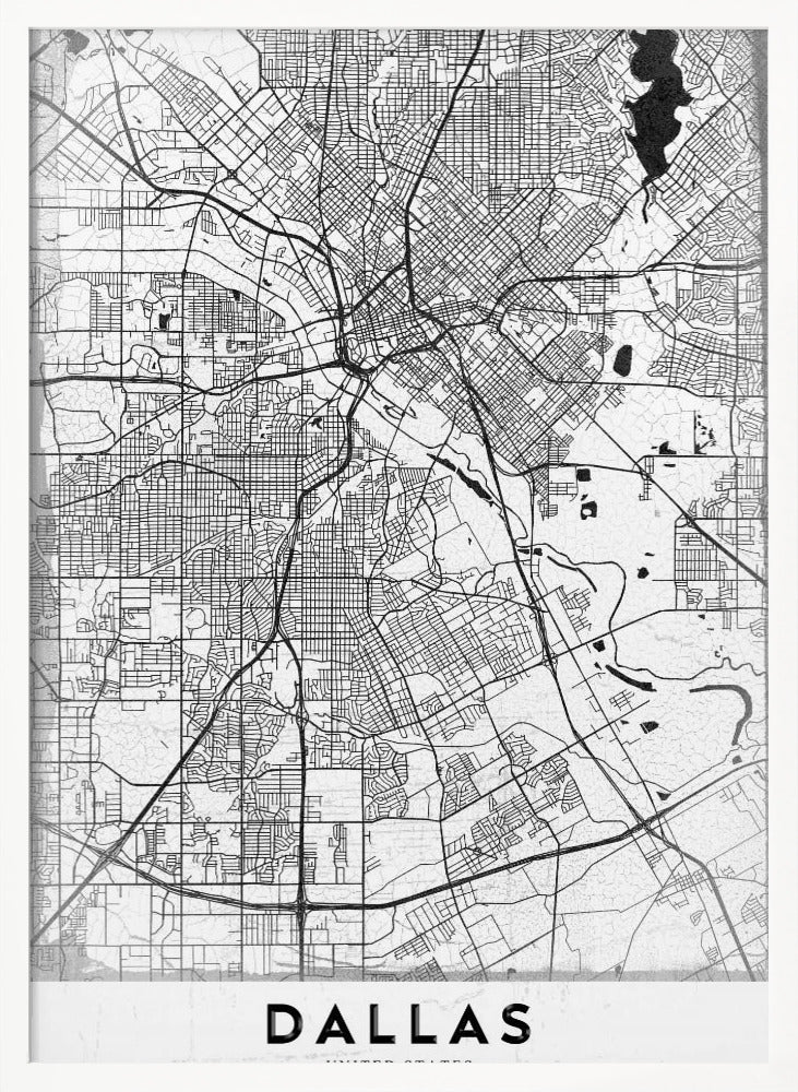 A minimalist black and white street map of Dallas, Texas, presented vertically in a black frame. The intricate network of roads and highways is depicted in black lines on a light gray, textured background, with the city's name 'DALLAS' in bold capital letters at the bottom. Poster