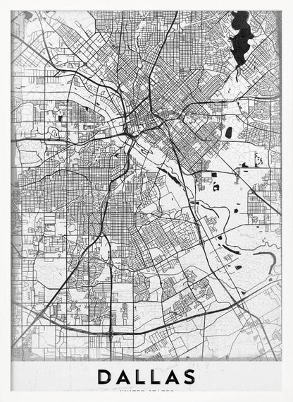 A minimalist black and white street map of Dallas, Texas, presented vertically in a black frame. The intricate network of roads and highways is depicted in black lines on a light gray, textured background, with the city's name 'DALLAS' in bold capital letters at the bottom. Poster