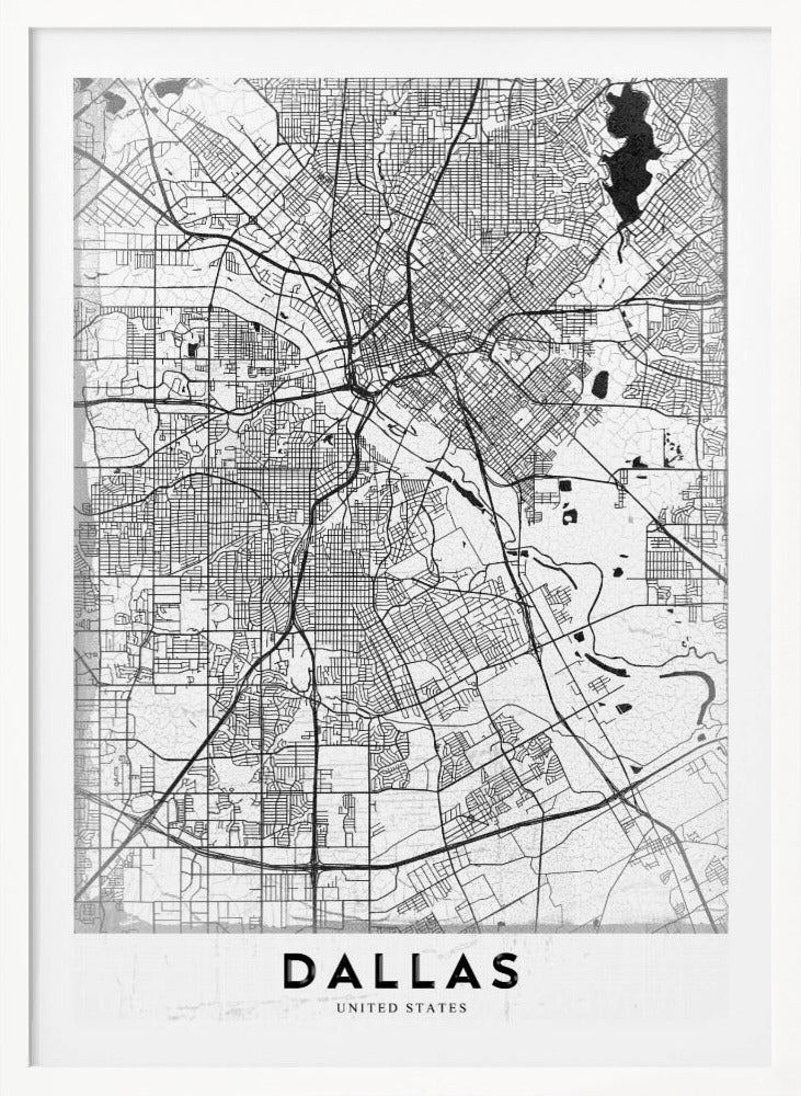 A minimalist black and white street map of Dallas, Texas, presented vertically in a black frame. The intricate network of roads and highways is depicted in black lines on a light gray, textured background, with the city's name 'DALLAS' in bold capital letters at the bottom. Poster
