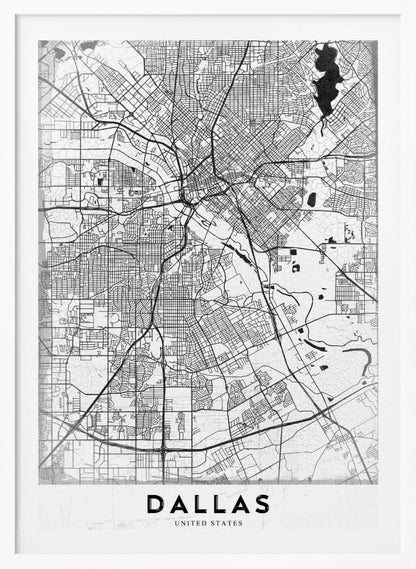 A minimalist black and white street map of Dallas, Texas, presented vertically in a black frame. The intricate network of roads and highways is depicted in black lines on a light gray, textured background, with the city's name 'DALLAS' in bold capital letters at the bottom. Poster