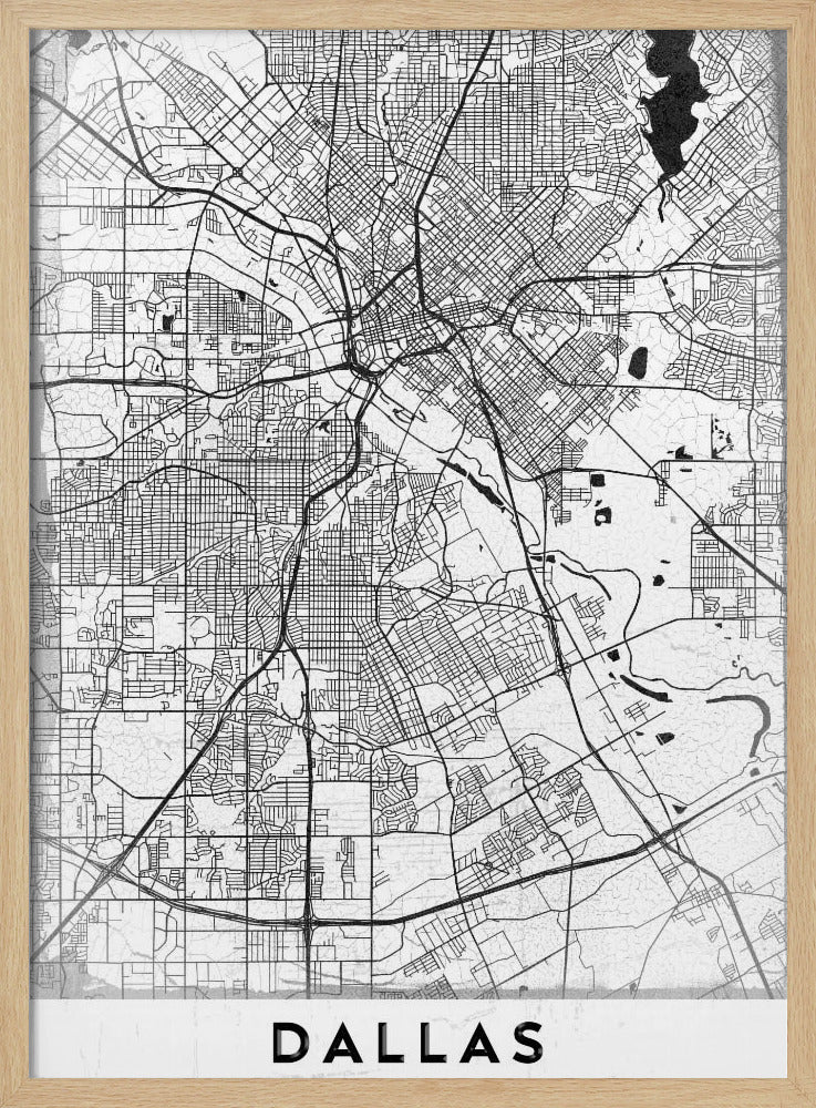 A minimalist black and white street map of Dallas, Texas, presented vertically in a black frame. The intricate network of roads and highways is depicted in black lines on a light gray, textured background, with the city's name 'DALLAS' in bold capital letters at the bottom. Poster