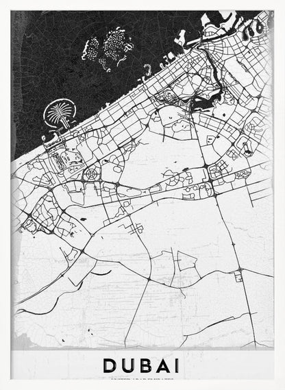 A minimalist black and white map of Dubai in a black frame. The water is depicted in black with a subtle texture, while the land is white, showing the city's road network in thin black lines. Key features like the Palm Jumeirah and The World Islands are visible off the coast. The word 'DUBAI' is written in a bold, black, sans-serif font at the bottom. Decor