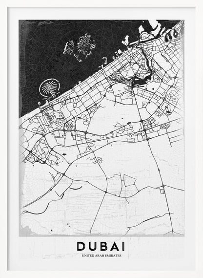 A minimalist black and white map of Dubai in a black frame. The water is depicted in black with a subtle texture, while the land is white, showing the city's road network in thin black lines. Key features like the Palm Jumeirah and The World Islands are visible off the coast. The word 'DUBAI' is written in a bold, black, sans-serif font at the bottom. Decor