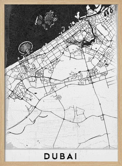 A minimalist black and white map of Dubai in a black frame. The water is depicted in black with a subtle texture, while the land is white, showing the city's road network in thin black lines. Key features like the Palm Jumeirah and The World Islands are visible off the coast. The word 'DUBAI' is written in a bold, black, sans-serif font at the bottom. Decor