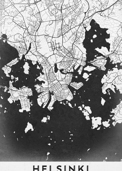A modern black and white map of Helsinki, Finland, presented in a black frame. The city's street grid is detailed in white lines on a textured black background representing the water, creating a high-contrast, minimalist design. The name 'HELSINKI' is printed in bold capital letters at the bottom on a white banner. Artwork