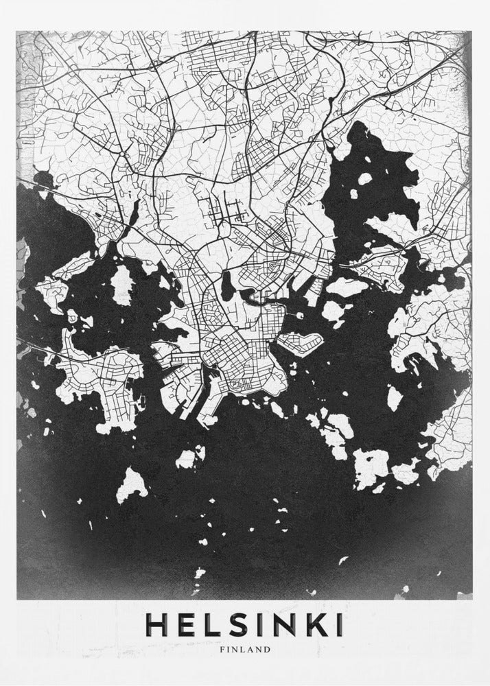 A modern black and white map of Helsinki, Finland, presented in a black frame. The city's street grid is detailed in white lines on a textured black background representing the water, creating a high-contrast, minimalist design. The name 'HELSINKI' is printed in bold capital letters at the bottom on a white banner. Artwork
