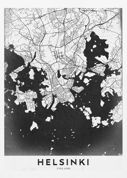 A modern black and white map of Helsinki, Finland, presented in a black frame. The city's street grid is detailed in white lines on a textured black background representing the water, creating a high-contrast, minimalist design. The name 'HELSINKI' is printed in bold capital letters at the bottom on a white banner. Artwork