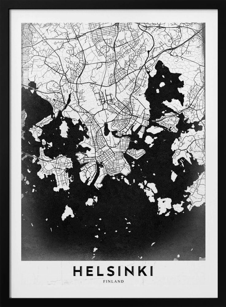 A modern black and white map of Helsinki, Finland, presented in a black frame. The city's street grid is detailed in white lines on a textured black background representing the water, creating a high-contrast, minimalist design. The name 'HELSINKI' is printed in bold capital letters at the bottom on a white banner. Artwork