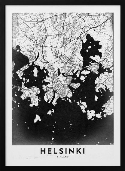 A modern black and white map of Helsinki, Finland, presented in a black frame. The city's street grid is detailed in white lines on a textured black background representing the water, creating a high-contrast, minimalist design. The name 'HELSINKI' is printed in bold capital letters at the bottom on a white banner. Artwork