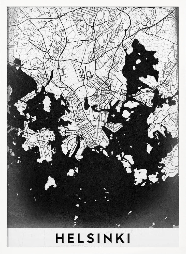 A modern black and white map of Helsinki, Finland, presented in a black frame. The city's street grid is detailed in white lines on a textured black background representing the water, creating a high-contrast, minimalist design. The name 'HELSINKI' is printed in bold capital letters at the bottom on a white banner. Artwork