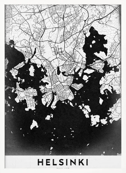 A modern black and white map of Helsinki, Finland, presented in a black frame. The city's street grid is detailed in white lines on a textured black background representing the water, creating a high-contrast, minimalist design. The name 'HELSINKI' is printed in bold capital letters at the bottom on a white banner. Artwork