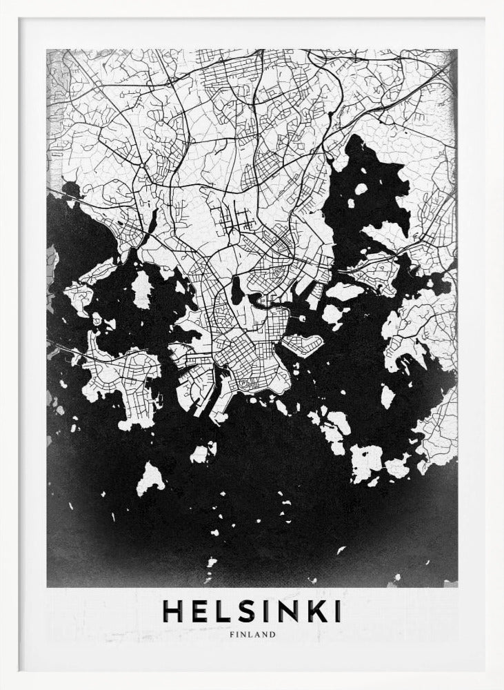 A modern black and white map of Helsinki, Finland, presented in a black frame. The city's street grid is detailed in white lines on a textured black background representing the water, creating a high-contrast, minimalist design. The name 'HELSINKI' is printed in bold capital letters at the bottom on a white banner. Artwork
