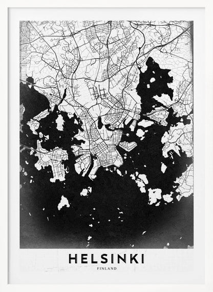 A modern black and white map of Helsinki, Finland, presented in a black frame. The city's street grid is detailed in white lines on a textured black background representing the water, creating a high-contrast, minimalist design. The name 'HELSINKI' is printed in bold capital letters at the bottom on a white banner. Artwork